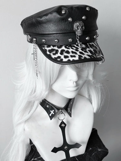 Y2K Gyaru Fashion Leopard PU Cross Charm Punk Studded Hat