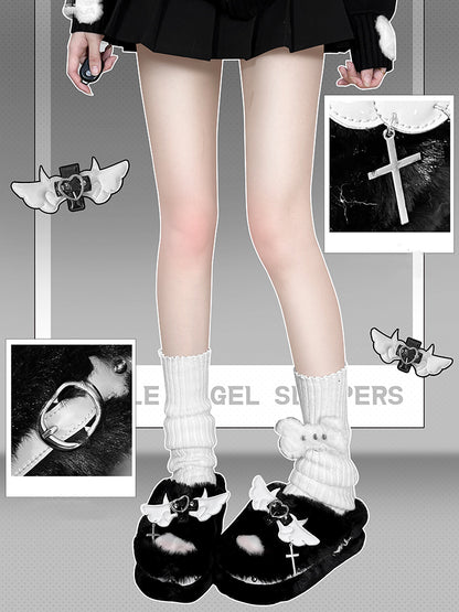 Cross Wings Decorated Black Plush Platform Slippers Punk Winter Shoes