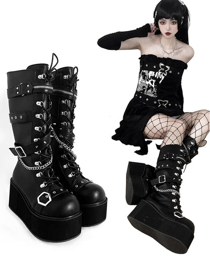 Studs Chains Metal Punk Matte Black Platform Boots