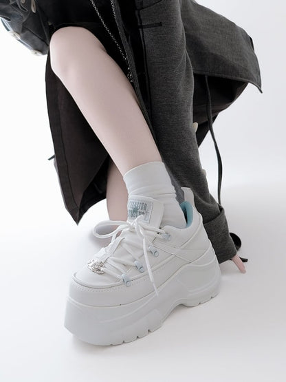 PU Leather with Classic Lacing System Matte White Platform Sneakers in Jirai Kei