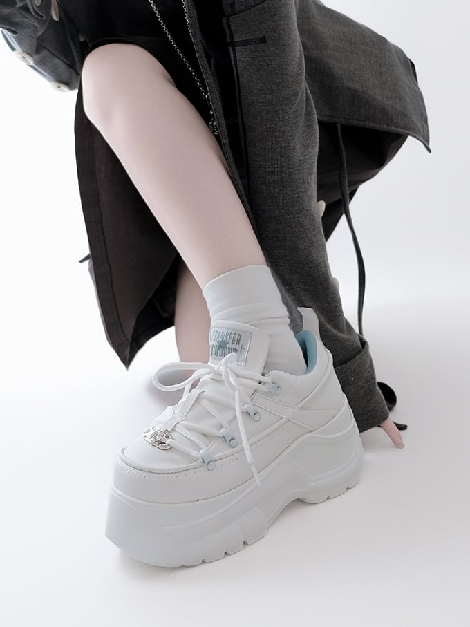 PU Leather with Classic Lacing System Matte White Platform Sneakers in Jirai Kei