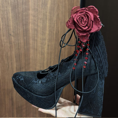 Black Punk Gothic High Block Heels - Black/Red Flower Clips, Back Zip Closures & Crossed Straps