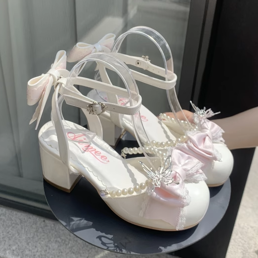 Sweet Bow Accents and Detachable Bead Chain White Lolita Mary Jane Shoes