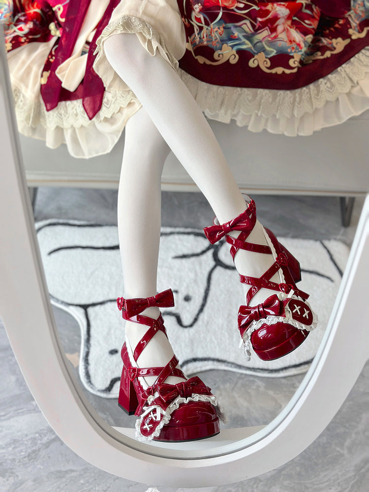 Wine Red Crisscross Design Bunny Ear Bowknot Sweet Lolita 8CM High Block Heels