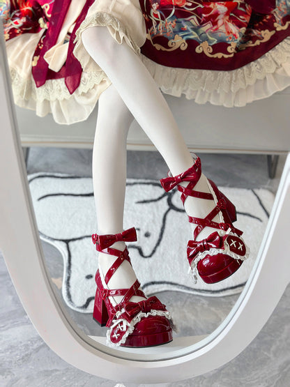 Wine Red Crisscross Design Bunny Ear Bowknot Sweet Lolita 8CM High Block Heels