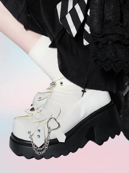 White Punk Bowknot Decorated Butterfly Heart Buckles Studs Details Platforms