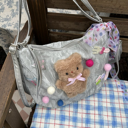 Silver Y2K Plush Teddy Bear Backpack/Shoulder Bag - Sweet-Edgy & Spacious for Commutes