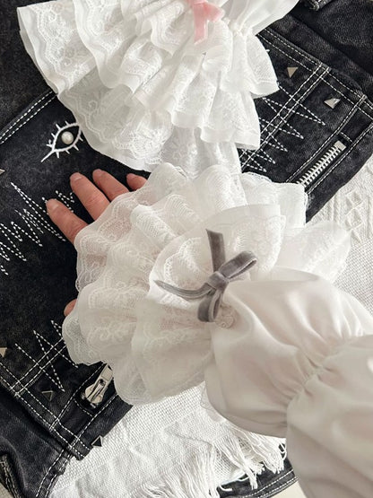 White Lolita Hollow-out Lace Tiered Cuffs Sleeves With Gray/Pink/Black Bowknot Details