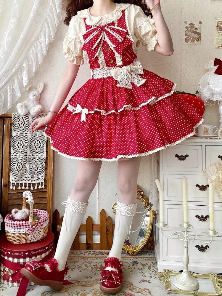 Red Polka-dot Pattern Old School Lolita Overall Dress