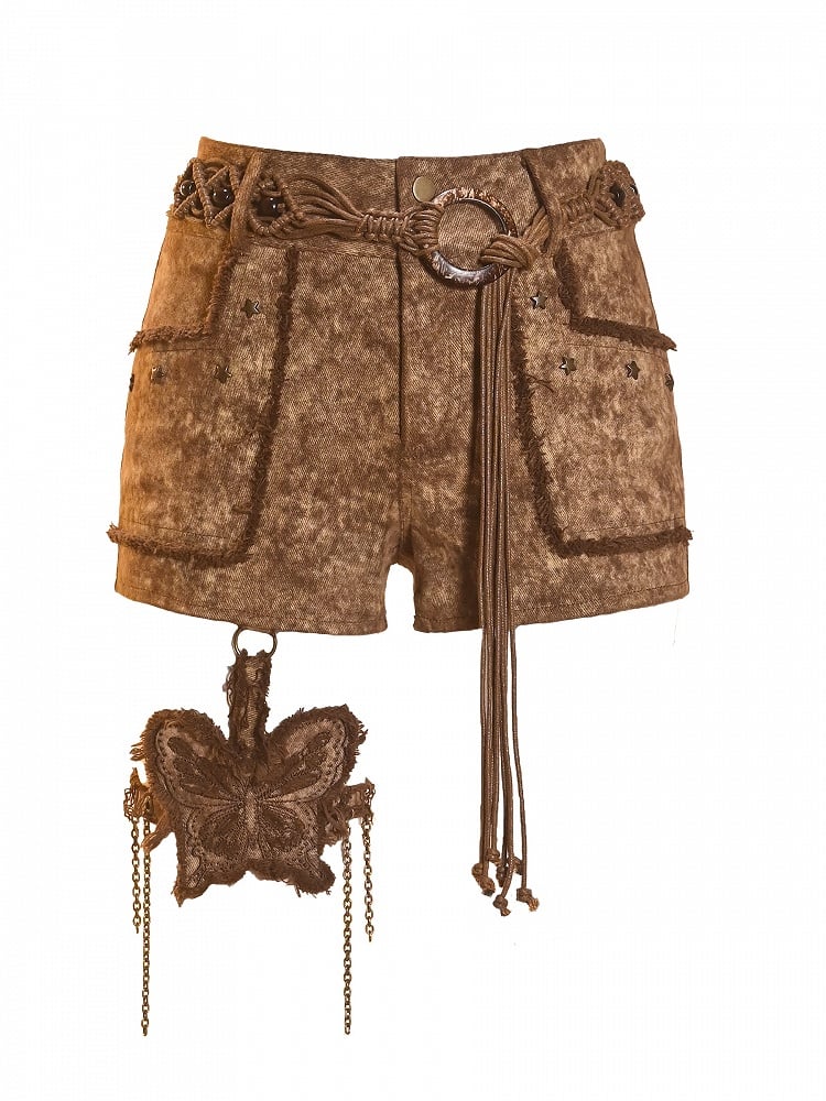 Sand Brown Wasteland Punk Denim Hot Shorts with Butterfly Garter and Tassel Belt