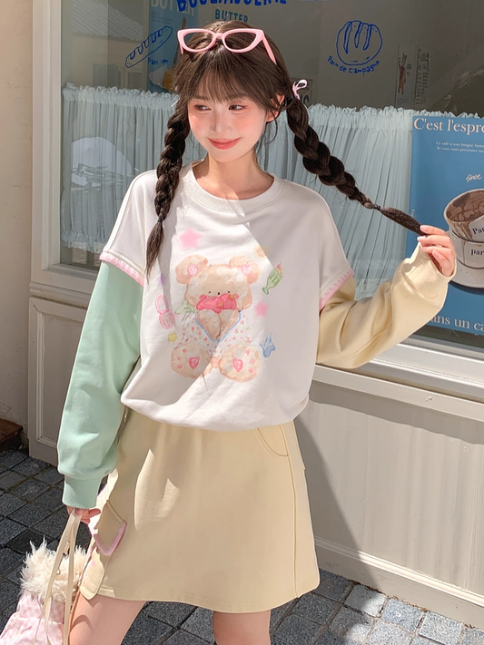 Green and Yellow Colorblock Design Teddy Bear Print Drawstring Hem Autumn Sweatshirt