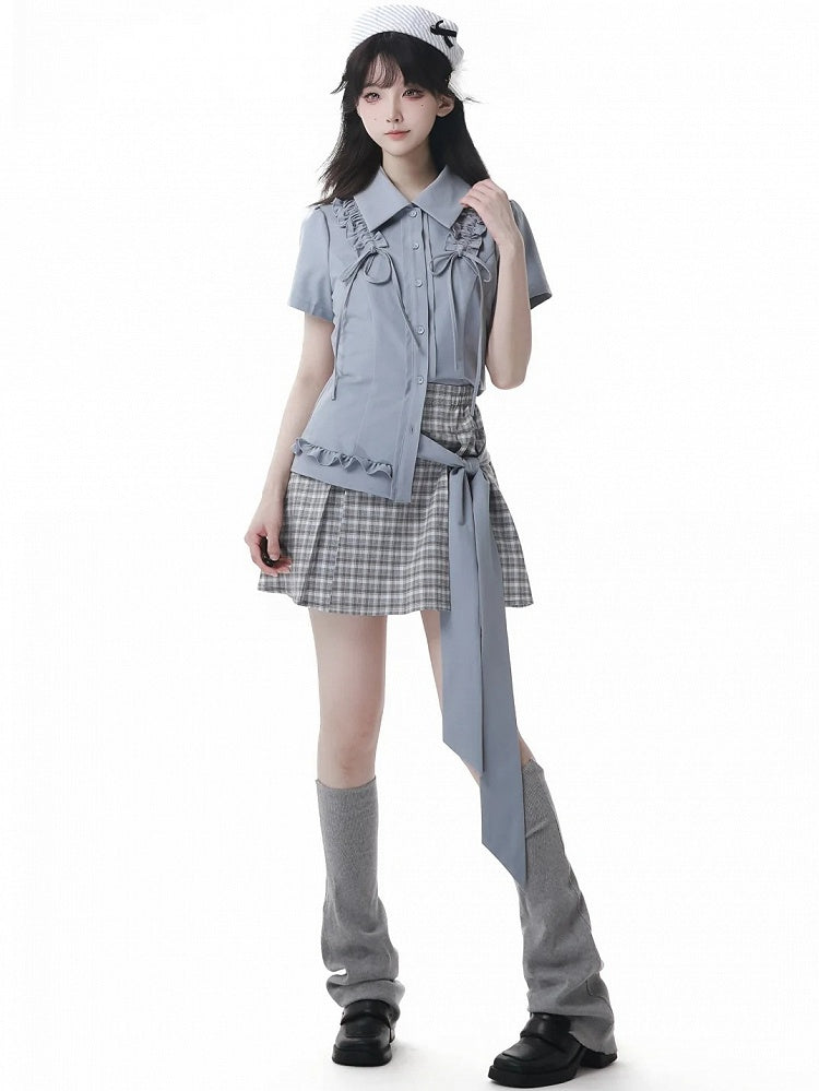 Dusty Blue Box Pleat Plaid Skirt Short/Long Version with Waist Belt