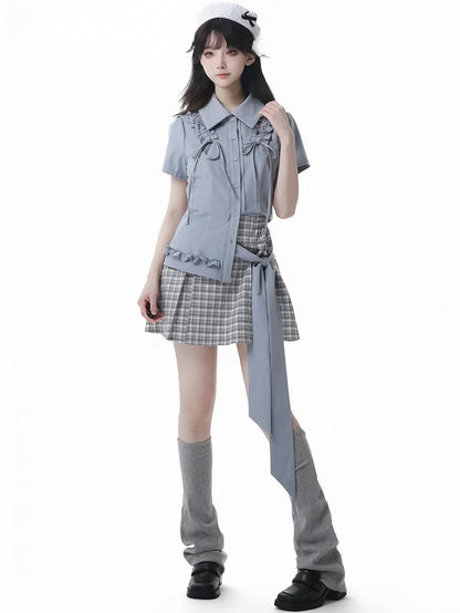 Dusty Blue Box Pleat Plaid Skirt Short/Long Version with Waist Belt