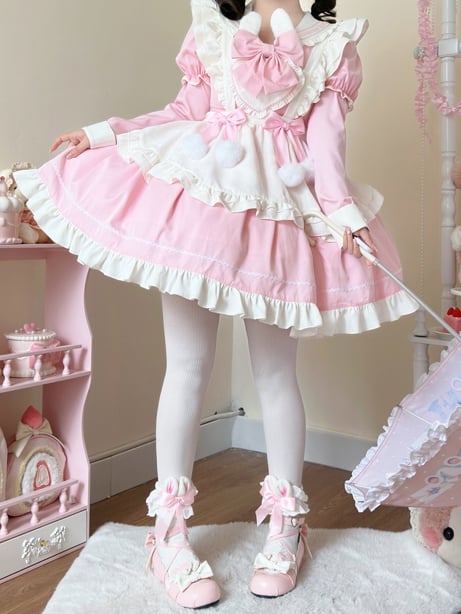 Bunny Ears Sailor Collar Pink Short Sleeves Maid Lolita Dress with White Apron
