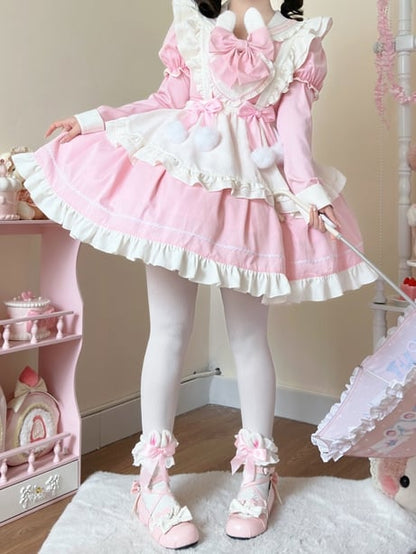 Bunny Ears Sailor Collar Pink Short Sleeves Maid Lolita Dress with White Apron