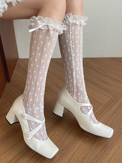 White/Beige/Black Floral Lace Trim Lolita Under-Knee Stockings