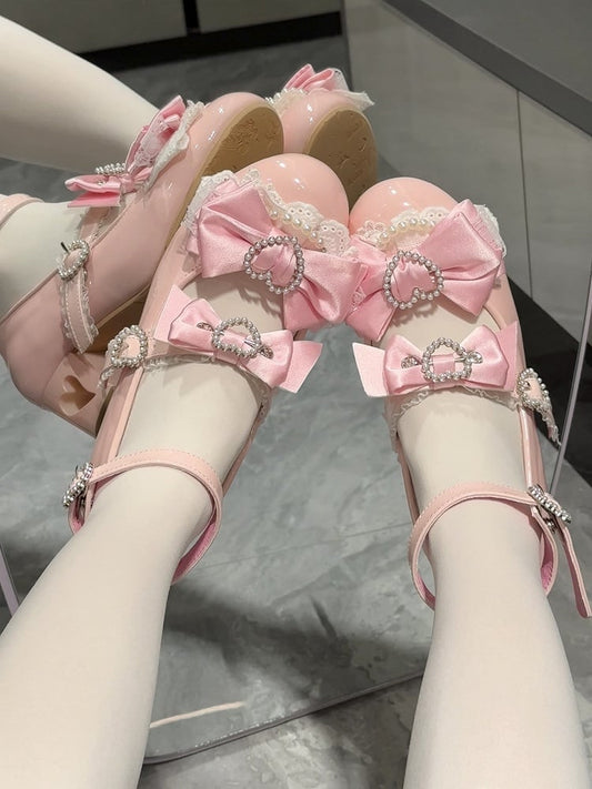 Pink Bow at Top Heart Cut-out Heels Mary Janes