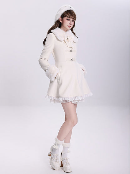 Creamy Jirai Kei Butterfly Buckles Closure Coat with Detachable Plush Collar and Cuffs