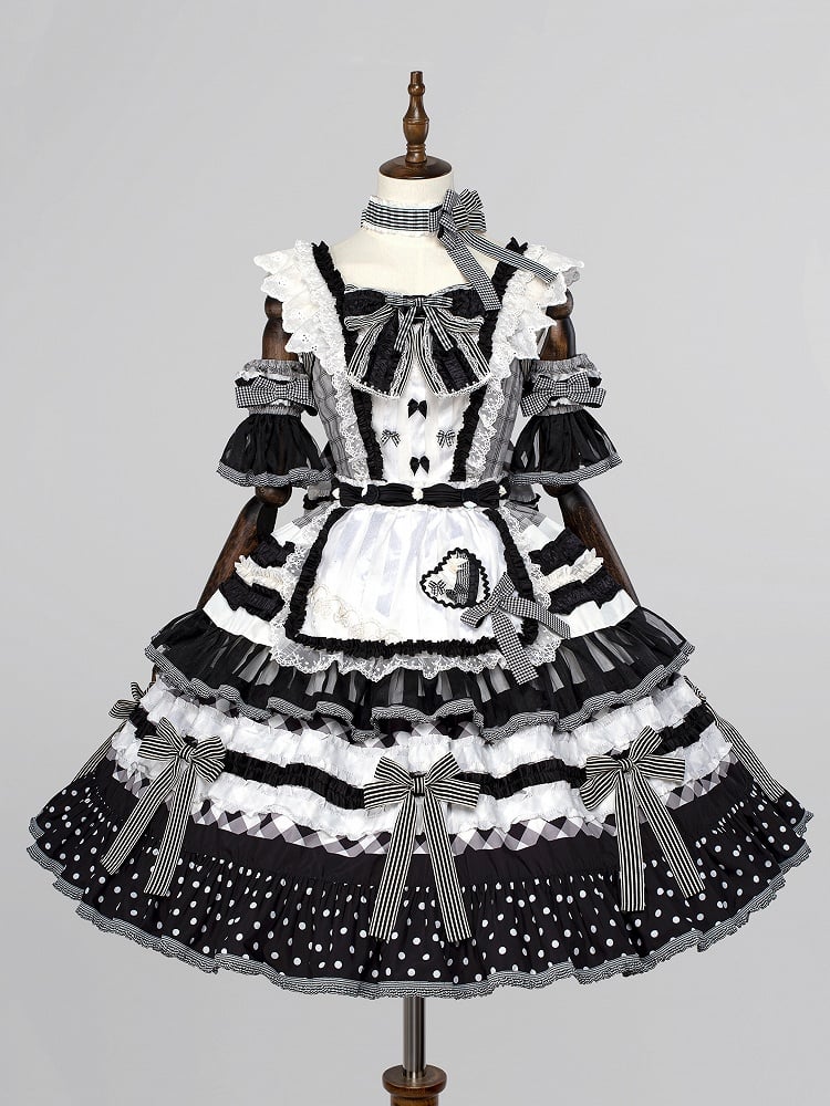 Black and White Oreo Cake Bow Accents Tiered Skirt Sweet Lolita JSK Full Set