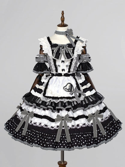 Black and White Oreo Cake Bow Accents Tiered Skirt Sweet Lolita JSK Full Set
