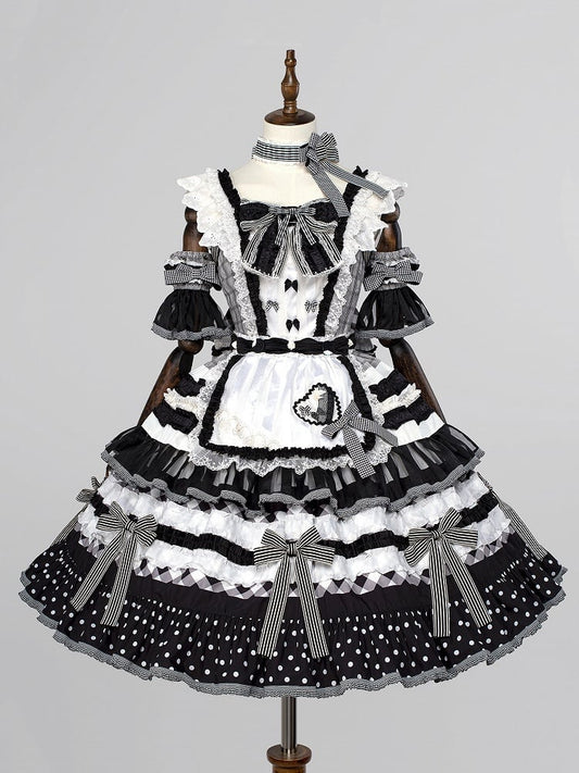 Black and White Oreo Cake Bow Accents Tiered Skirt Sweet Lolita JSK Full Set