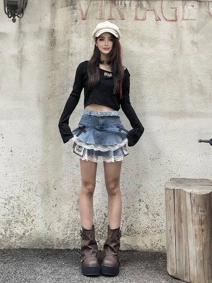 Blue Cross and Skeleton Appliques Lace Trim Glamorous Tiered Skirt