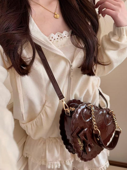 2-Way Heart Cookie Bag in Brown PU - Lolita Style with Bow Decor & Zipper Closure