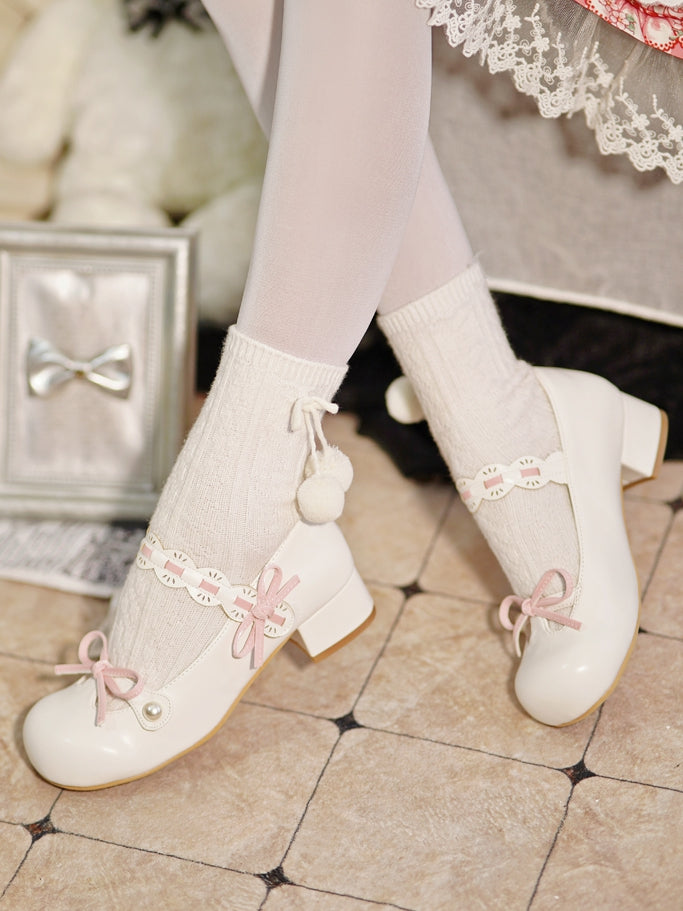 White Beaded Decorated Knotted Bow at Top Round Toe Lolita Shoes