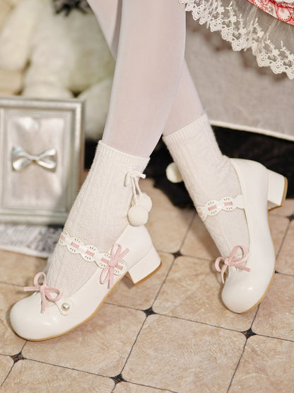 White Beaded Decorated Knotted Bow at Top Round Toe Lolita Shoes