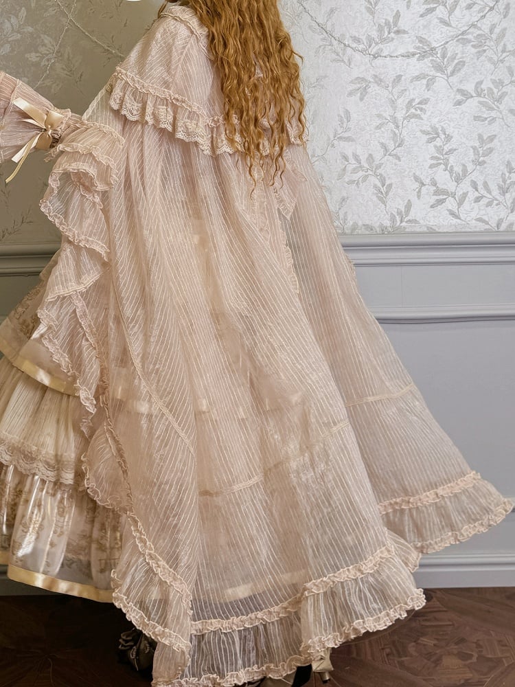 Champagne Self-tie Big Bow Neckline Cloak Cascading Ruffle Trimming