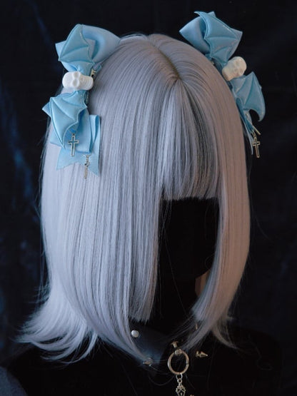Skulls Bat Wings Cross Charms Blue Bowknot Hairclips