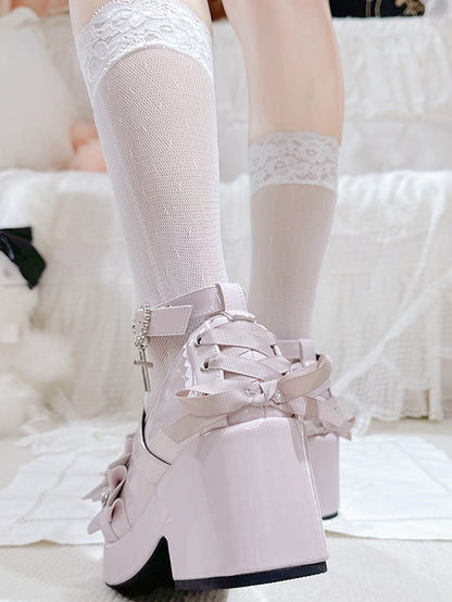 Jirai Kei Polished Pink Rhinestone Heart Decorated Lace-up Details Platform High Block Heels