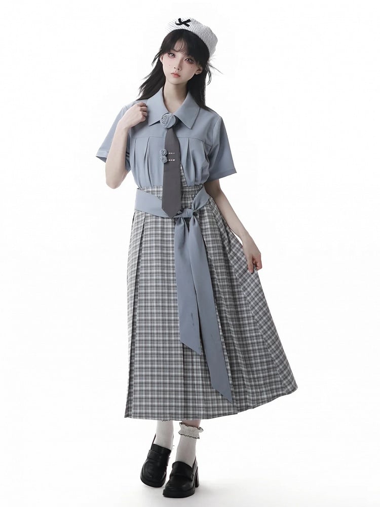 Dusty Blue Ruffle Trim Drawstring Details Preppy Style Loose Shirt