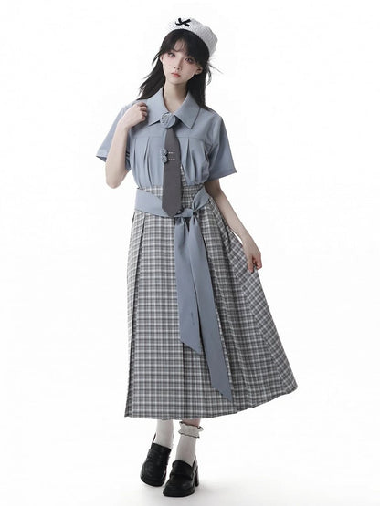 Dusty Blue Ruffle Trim Drawstring Details Preppy Style Loose Shirt