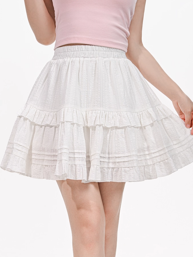 White Elastic Waist Ruffle Hem Tiered Skirt
