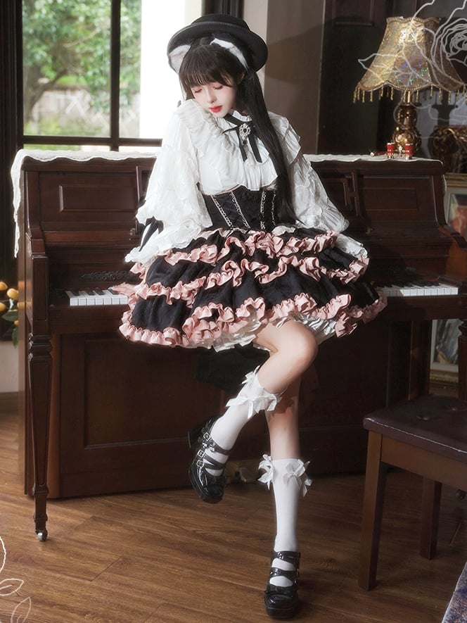 Black and Pink Boned Corset Waist Ruffle Skirt Lolita Dress with Large Bow Back