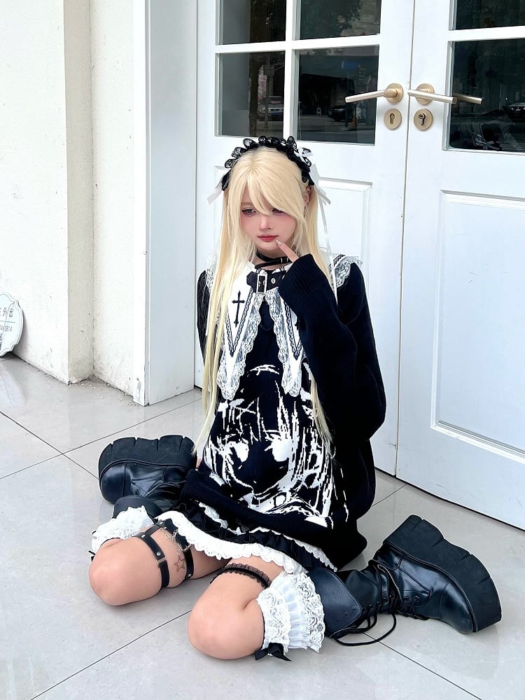 Black Jira Kei Sweater with Manga Girl Design