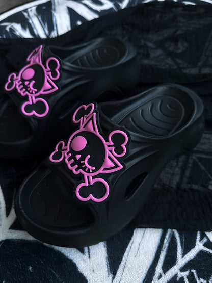 Black and Pink Gothic Skeleton Applique Thick Summer Slippers