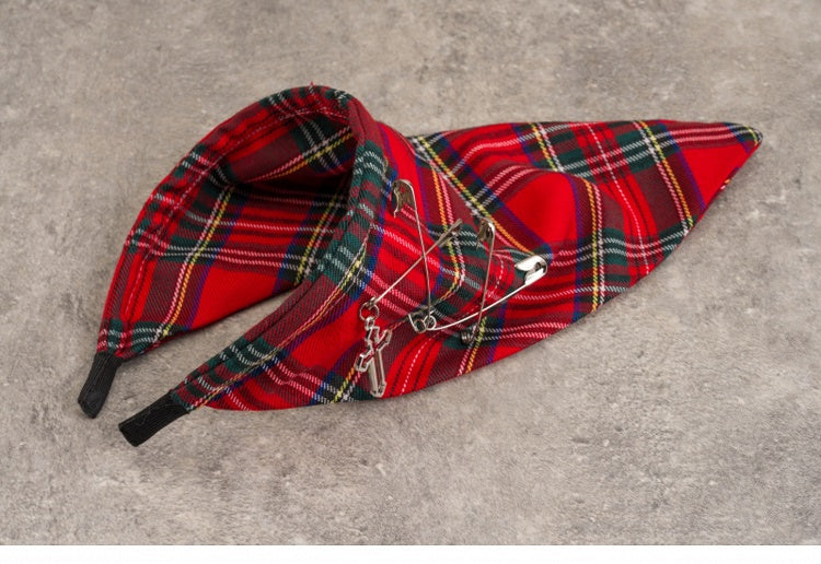 Cross and Pins Red Plaid Goth Punk Triangle Scarf KC