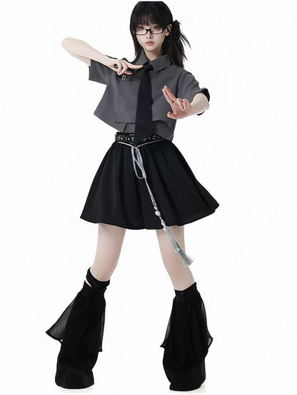 Black Cheongsam Style Shorts with Buckle Belt and Tassel Belt