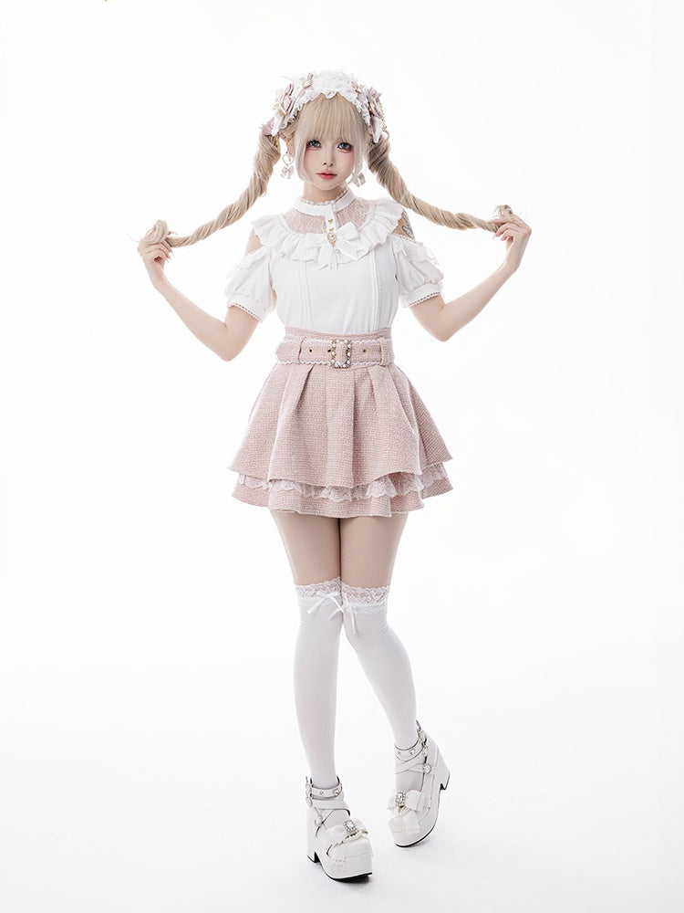 Jirai Kei White Illusion Neckline Cutout Shoulder Short Sleeve Blouse with Free Bowtie