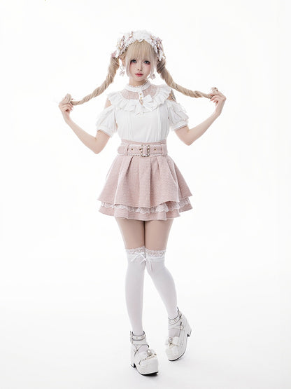 Jirai Kei White Illusion Neckline Cutout Shoulder Short Sleeve Blouse with Free Bowtie