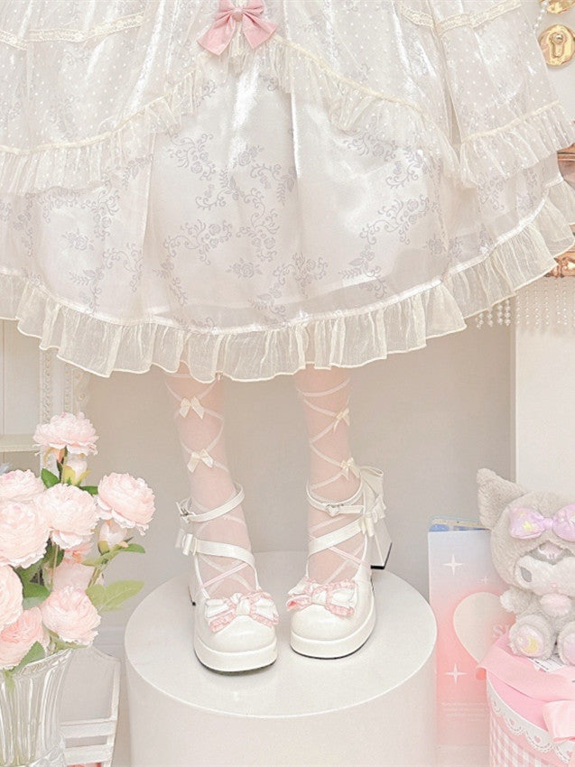 White and Pink Bow Accents Sweet High Block Heel Mary Janes Ankle Strap