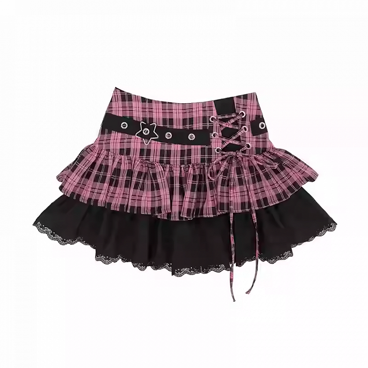 Y2K Black & Pink/Black & White Plaid Star Buckle Tiered Skirt with Lace-up Detail
