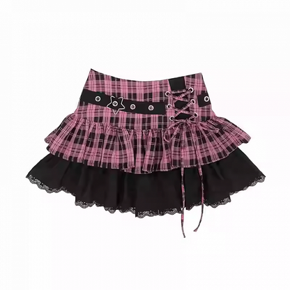 Y2K Black & Pink/Black & White Plaid Star Buckle Tiered Skirt with Lace-up Detail