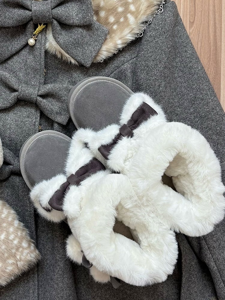Plush Bunny Ear Decor, Fleece Lining & Pompom Decor Straps Gray Winter Boots in Sweet Lolita