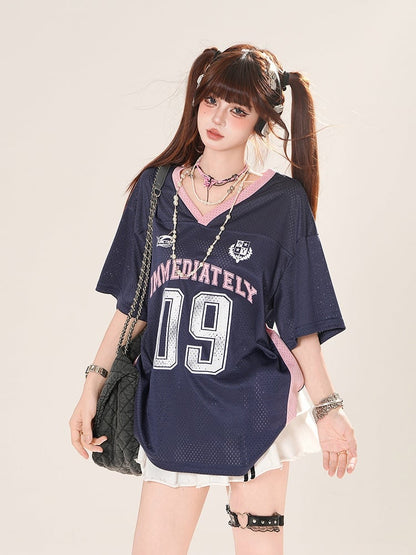 Gray/Dark Blue Number Print Hollow-out T-shirt V-neck Loose Top