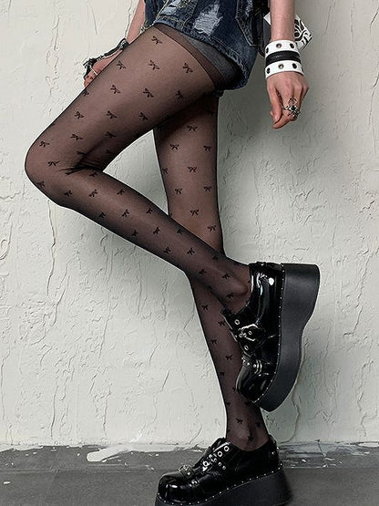 Gyaru Fashion Black Bowknot Print Y2K Tights