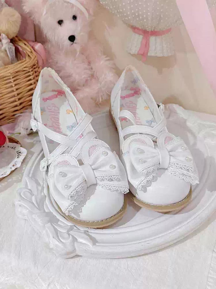 White Beaded Decorated Bow at Top Crisscross Design Bunny Ear Lolita Shoes