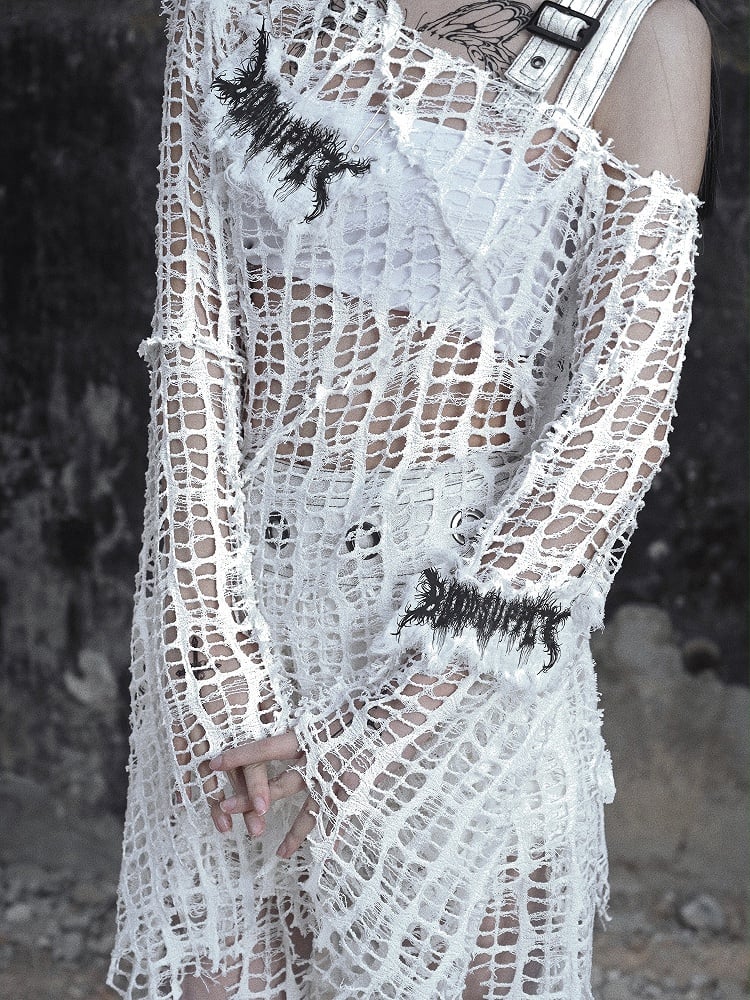 White Bell Sleeves Irregular Distressed Hallow Out Top